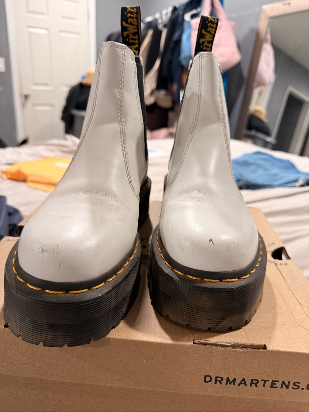 Dr. Martens White Platform Chelsea Boots with Yellow Stitching